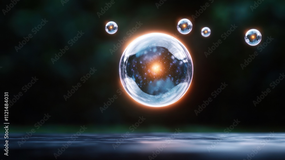 Poster a glowing bubble with smaller bubbles in a dark, ethereal setting.