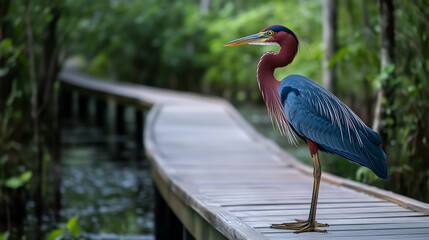 Fototapeta premium A striking heron stands gracefully on a wooden boardwalk surrounded by lush greenery.