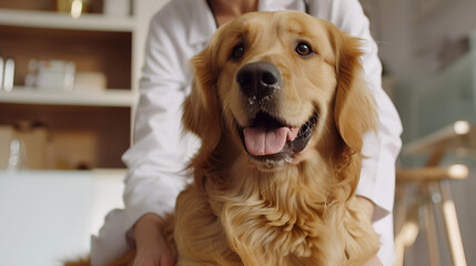 A veterinarian examines a dog with a stethoscope around its neck