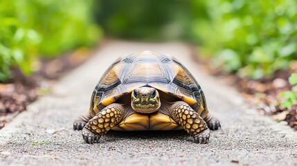 Fototapeta premium A tortoise slowly crosses a stone path surrounded by lush greenery, showcasing its unique shell and calm demeanor.