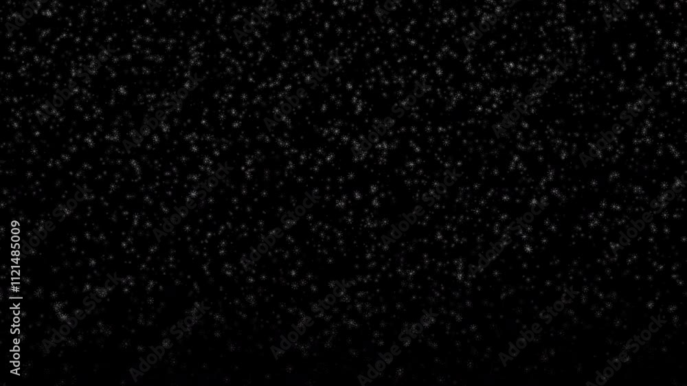 Poster beautiful loop white snowflakes dust particles falling down on black abstract background.4k seamless