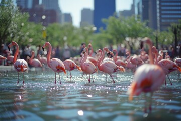 Flamingos wade gracefully in an urban pond with skyscrapers in the backdrop, merging nature with city life in a vivid display.