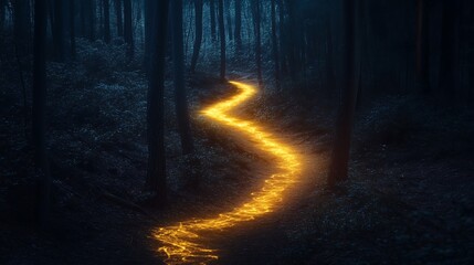 Naklejka premium A glowing, winding path through a dark forest, creating a mystical ambiance.