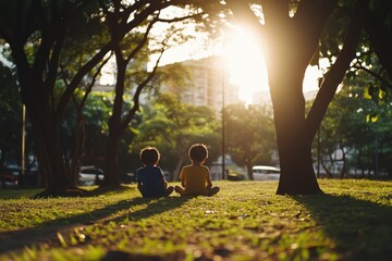 Two children sit quietly under trees, basking in the soft, golden glow of a sunset, enjoying tranquil companionship in a city park.