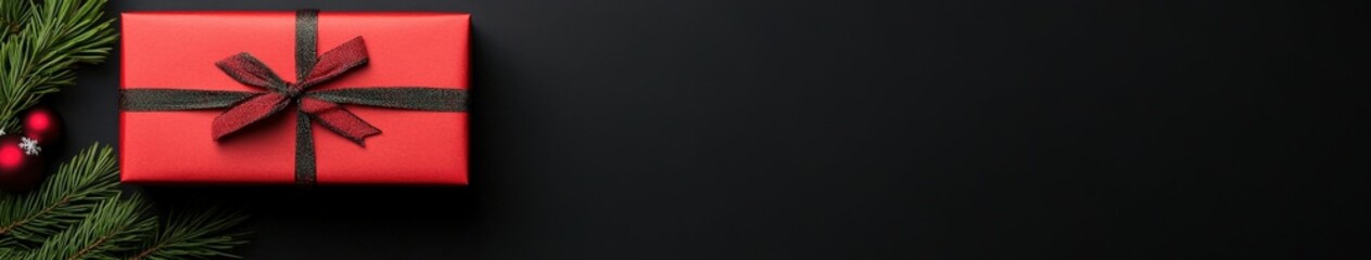 Festive red gift with black ribbon on dark background