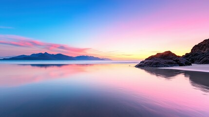 Obraz premium A serene coastal scene at sunset, showcasing vibrant colors reflected in calm water with rocky formations along the shore.