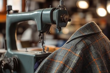 Fototapeta premium A vintage sewing machine with a plaid fabric embodies a sense of craftsmanship and nostalgia in a softly lit workspace.