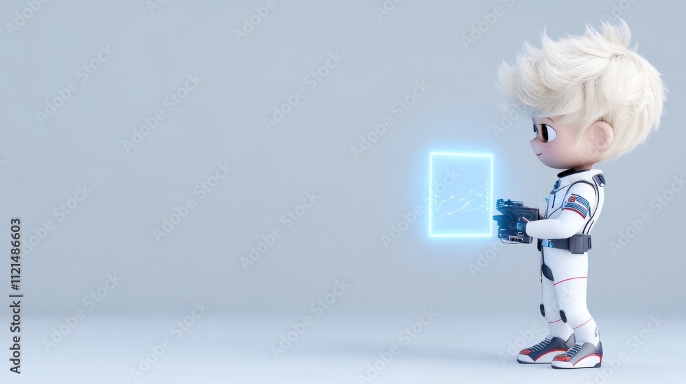 Poster A playful character in a spacesuit holding a glowing tablet.