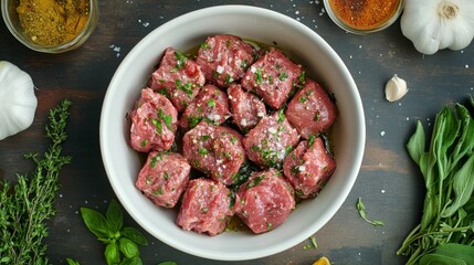 Freshly Cut Raw Beef Cubes with Herbs and Spices in a Bowl
