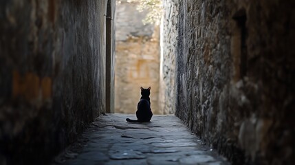 A black cat languidly sits at the end of a narrow stone alley, bathed in soft natural light.