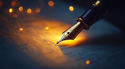 A close-up of a fountain pen delicately poised over paper, illuminated by warm, glowing light.