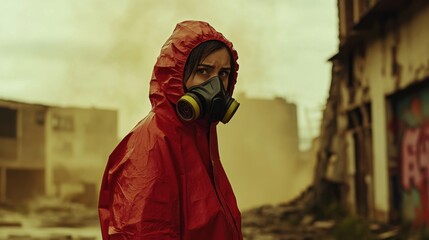 Crumbling city, amidst the pale yellow mist, a woman wearing a red hazmat suit turns her head to look at the camera