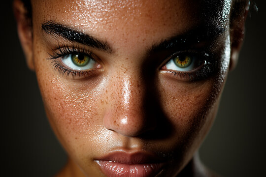 Close-up Portrait: Freckled Face with Green Eyes and Perspiration
