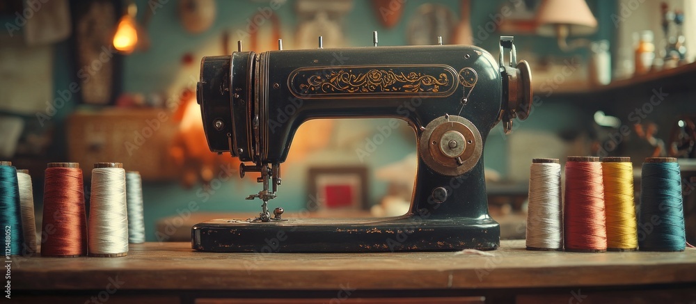 Poster vintage sewing machine on a wooden table with spools of thread in a rustic setting.