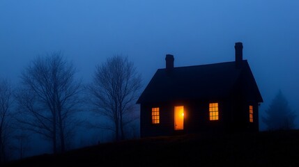 Cozy cabin with warm glow in misty evening landscape