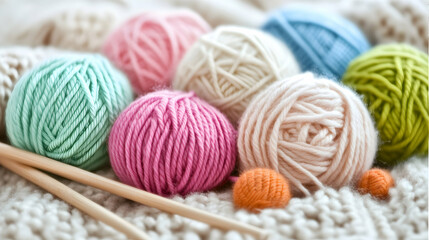 Colorful balls of yarn and knitting needles on a knitted fabric background. Perfect for crafting, knitting, and DIY projects.