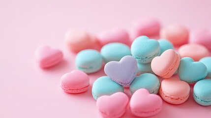 Pastel heart-shaped macarons on pink background - sweet colorful dessert