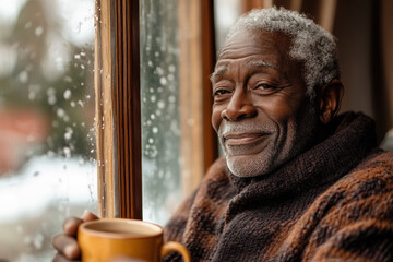 Elderly Black man sitting by a window, a soft smile on his face, holding a warm cup of tea, lost in peaceful reflection.