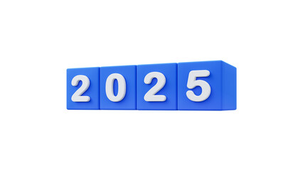 2025 happy new year 3d renderig of  blue cube with white text isolated on white or png transparent	
