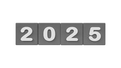 2025 happy new year 3d renderig of  grey cube with white text isolated on white or png transparent
