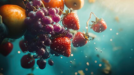 Dynamic fruit composition with ripe strawberries, purple grapes, and red apples