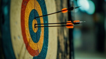 Arrows embedded in the center of a colorful archery target, showcasing precision and focus.