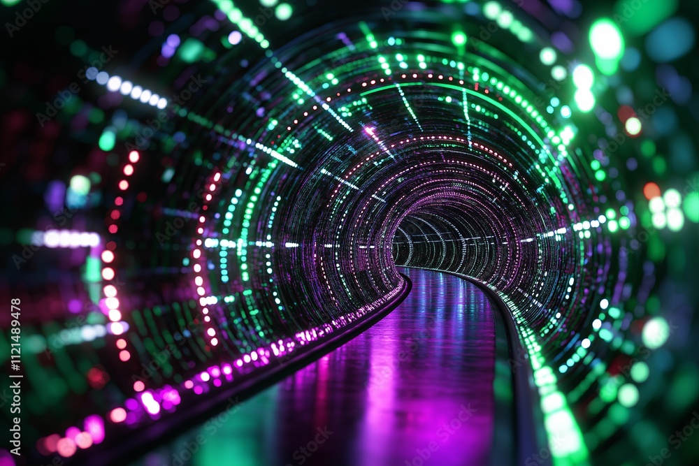 Poster a futuristic tunnel of light with concentric rings glowing in neon green and magenta.