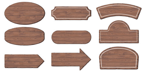Blank signboard isolated various shapes made from cut timber panels and held together with brass rivets graphic illustrated. Set of nameplate wooden texture mocha mousse tone pattern frame.