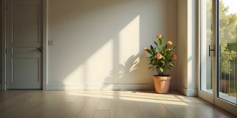 A bright, minimalist room with a large window letting in natural light. The room has white walls and a wooden floor. In the corner, there is a small potted plant with orange flowers