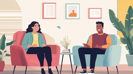 A couple having an open and empathetic conversation in a cozy living room, demonstrating emotional intelligence in their relationship through active listening and understanding.