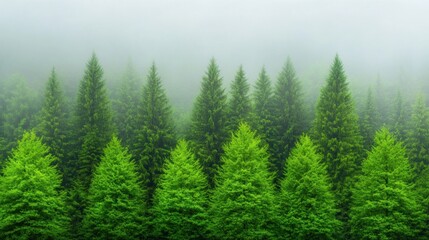 Fototapeta premium Misty forest with lush green trees in a serene atmosphere.