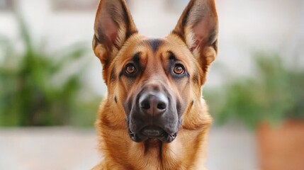 Fototapeta premium A close-up portrait of a German Shepherd with expressive eyes and attentive ears, set against a softly blurred natural background.