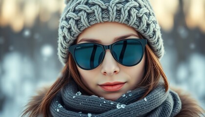 A Girl with Gray winter wool cap in snowy scene