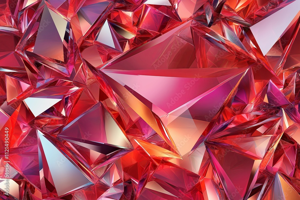 Poster A fragmented polygonal design with sharp edges in various shades of red and orange