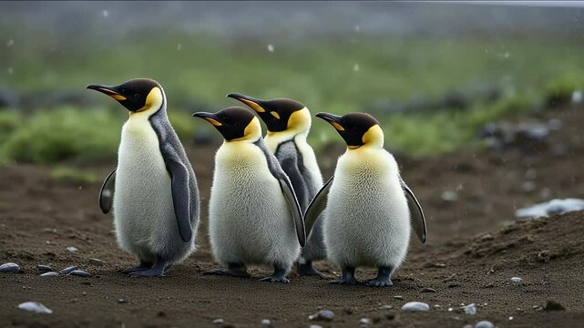king penguin aptenodytes patagonicus chicks creche rain falkland lands baby beach beak bird birding brown eye feather foot funny natural nature ocean outdoors sand sea waddle walk wild wildlife