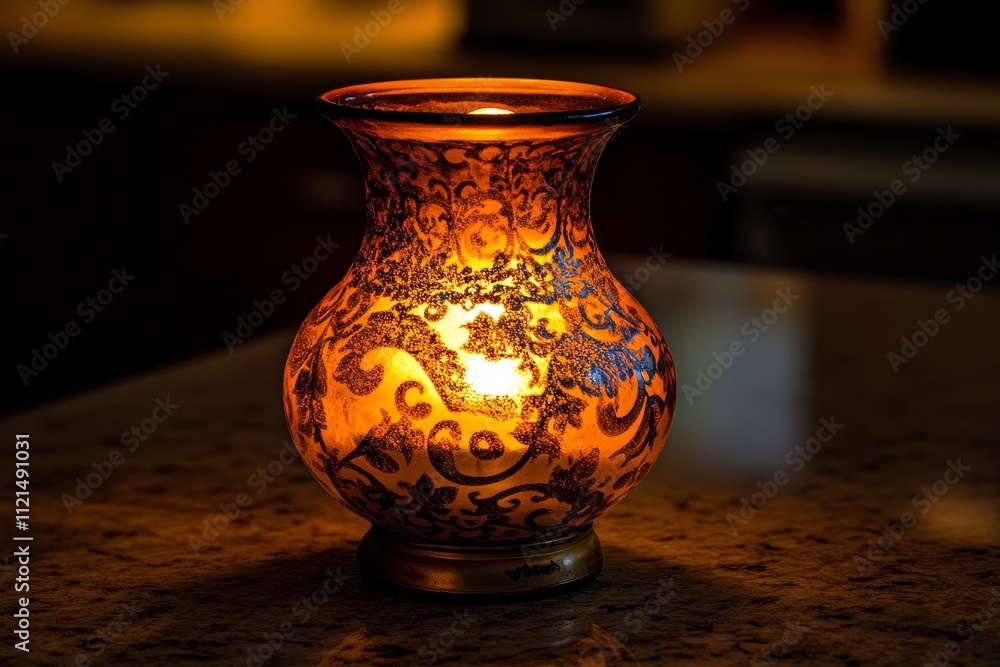 Poster Elegant Decorative Glass Lantern with Intricate Patterns Illuminated on a Countertop, Creating a Warm and Inviting Atmosphere in a Cozy Indoor Space