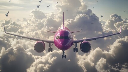 Pink airplane flying in the sky. In the background is the sky with fluffy clouds