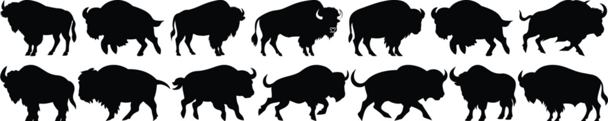 Bison silhouettes set, animal pack of vector silhouette design, isolated background