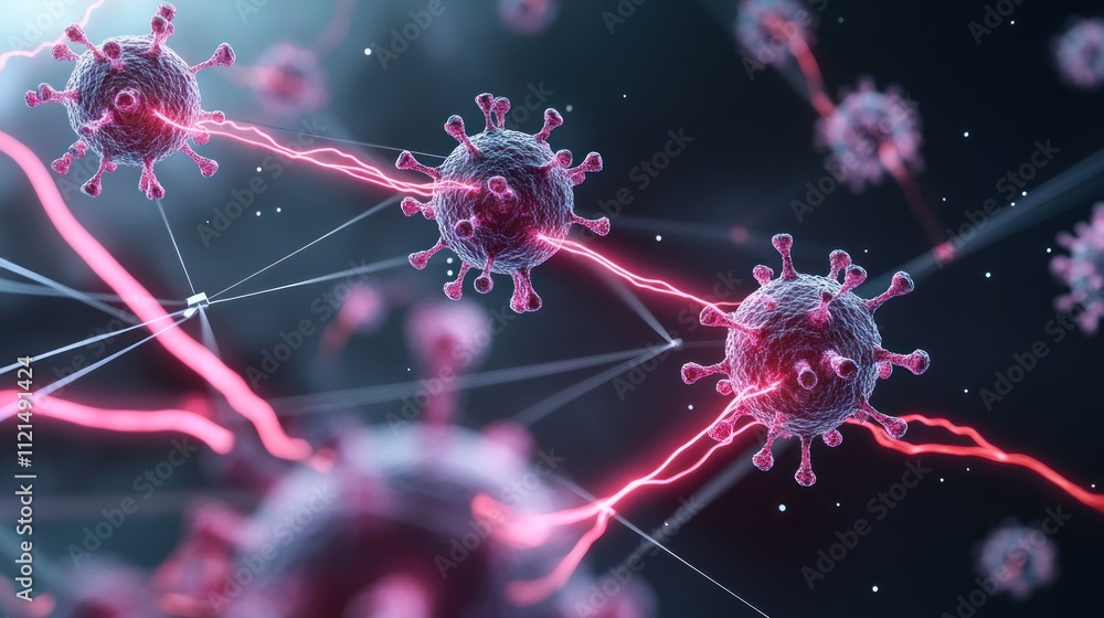 Poster microscopic view of viruses with dynamic connections.