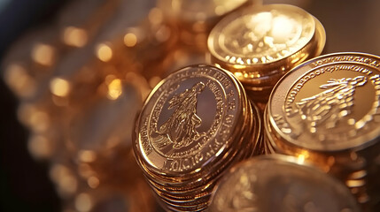 Close-up shot of stacks of shiny gold coins, showcasing intricate details and textures.  Ideal for finance, wealth, or investment concepts.