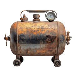 Vintage air compressor with rusted exterior and pressure gauge isolated on transparent background cutout png