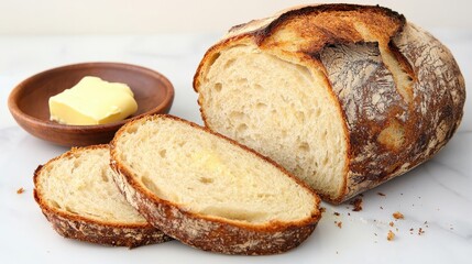 Naklejka premium A freshly baked loaf of crusty bread with slices cut, served with a pat of butter on the side.