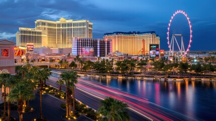 Las Vegas Strip Night View: Illuminated Hotels, Ferris Wheel, and City Lights