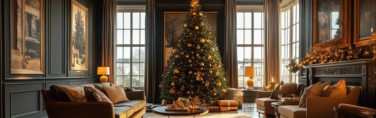 Cozy Christmas Room with Tree, Fireplace, and Gold Accents