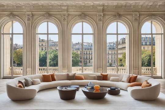 Elegant modern living room with a curved sofa and stunning views of Parisian architecture and greenery through large arched windows, showcasing luxury and comfort in interior design.