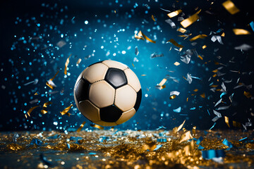 Fototapeta premium Soccer ball with celebratory confetti in dynamic motion on blue background