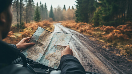 Fototapeta premium A driver checking a map while stranded with a broken vehicle on a rural path.