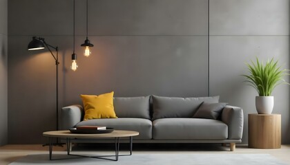 A modern gray sofa with a yellow pillow in a minimalist living room with a concrete wall and a hanging light bulb