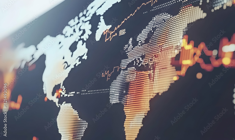 Poster abstract world map with glowing dots and data lines, representing global connectivity and data flow.