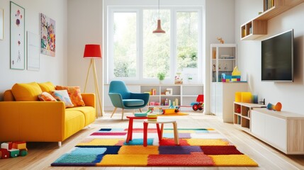 Colorful playroom with sofa, toys, and large window.